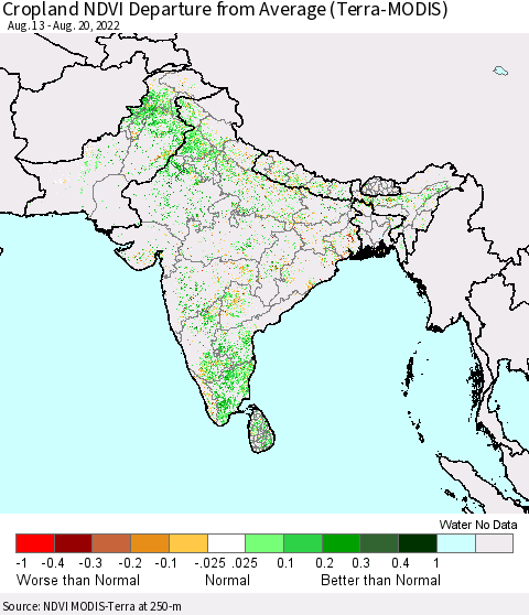 Southern Asia Cropland NDVI Departure from Average (Terra-MODIS) Thematic Map For 8/11/2022 - 8/20/2022
