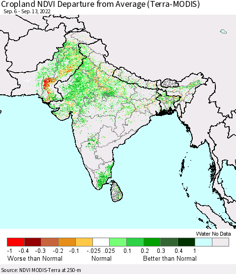 Southern Asia Cropland NDVI Departure from Average (Terra-MODIS) Thematic Map For 9/6/2022 - 9/13/2022