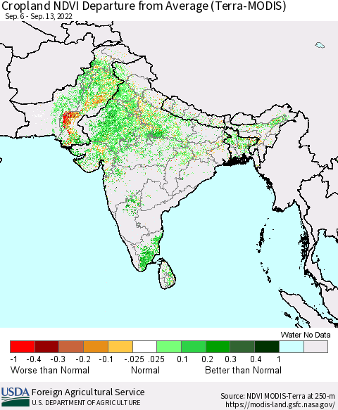 Southern Asia Cropland NDVI Departure from Average (Terra-MODIS) Thematic Map For 9/11/2022 - 9/20/2022