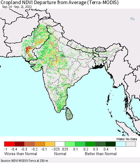 Southern Asia Cropland NDVI Departure from Average (Terra-MODIS) Thematic Map For 9/14/2022 - 9/21/2022