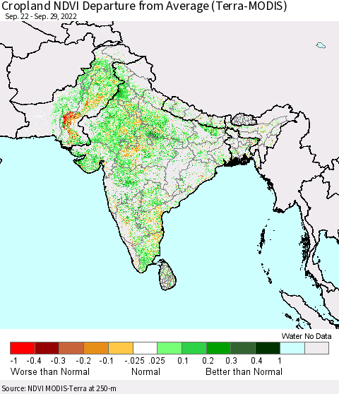 Southern Asia Cropland NDVI Departure from Average (Terra-MODIS) Thematic Map For 9/22/2022 - 9/29/2022