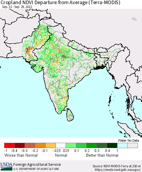 Southern Asia Cropland NDVI Departure from Average (Terra-MODIS) Thematic Map For 9/21/2022 - 9/30/2022