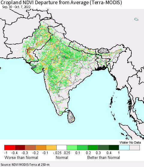 Southern Asia Cropland NDVI Departure from Average (Terra-MODIS) Thematic Map For 9/30/2022 - 10/7/2022