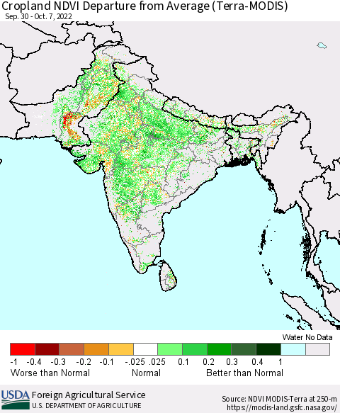 Southern Asia Cropland NDVI Departure from Average (Terra-MODIS) Thematic Map For 10/1/2022 - 10/10/2022