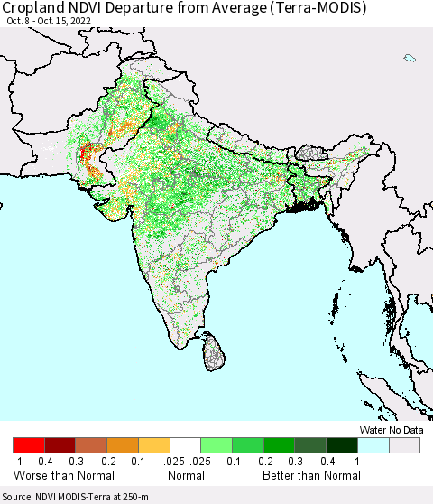 Southern Asia Cropland NDVI Departure from Average (Terra-MODIS) Thematic Map For 10/8/2022 - 10/15/2022