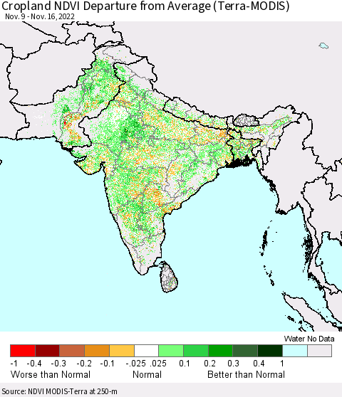 Southern Asia Cropland NDVI Departure from Average (Terra-MODIS) Thematic Map For 11/9/2022 - 11/16/2022