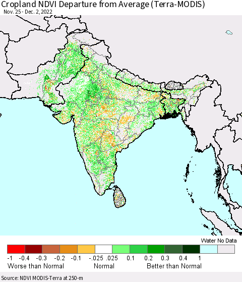 Southern Asia Cropland NDVI Departure from Average (Terra-MODIS) Thematic Map For 11/25/2022 - 12/2/2022