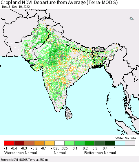 Southern Asia Cropland NDVI Departure from Average (Terra-MODIS) Thematic Map For 12/3/2022 - 12/10/2022