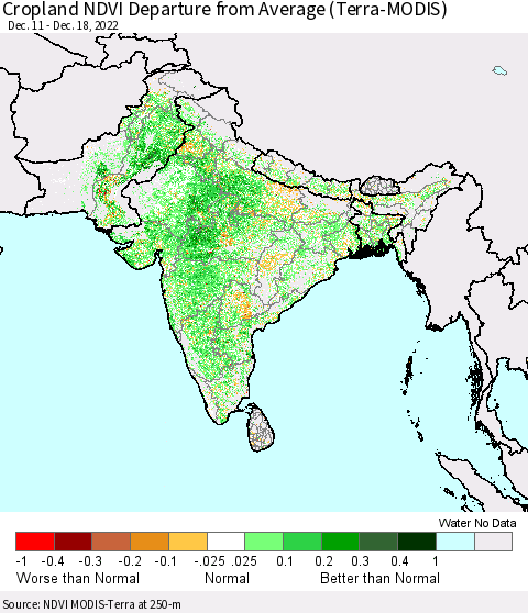 Southern Asia Cropland NDVI Departure from Average (Terra-MODIS) Thematic Map For 12/11/2022 - 12/18/2022