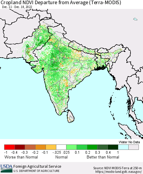 Southern Asia Cropland NDVI Departure from Average (Terra-MODIS) Thematic Map For 12/11/2022 - 12/20/2022
