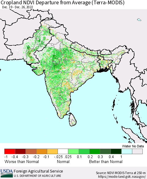 Southern Asia Cropland NDVI Departure from Average (Terra-MODIS) Thematic Map For 12/21/2022 - 12/31/2022