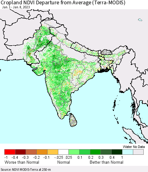 Southern Asia Cropland NDVI Departure from Average (Terra-MODIS) Thematic Map For 1/1/2023 - 1/8/2023