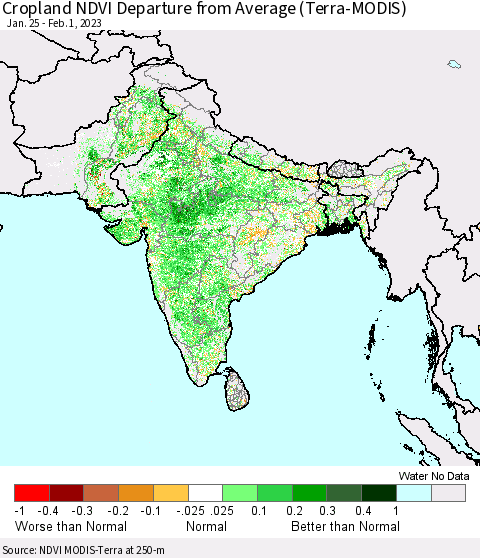 Southern Asia Cropland NDVI Departure from Average (Terra-MODIS) Thematic Map For 1/25/2023 - 2/1/2023