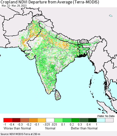 Southern Asia Cropland NDVI Departure from Average (Terra-MODIS) Thematic Map For 3/22/2023 - 3/29/2023