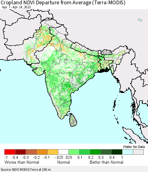 Southern Asia Cropland NDVI Departure from Average (Terra-MODIS) Thematic Map For 4/7/2023 - 4/14/2023