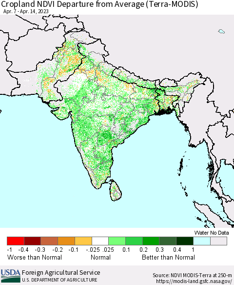 Southern Asia Cropland NDVI Departure from Average (Terra-MODIS) Thematic Map For 4/11/2023 - 4/20/2023