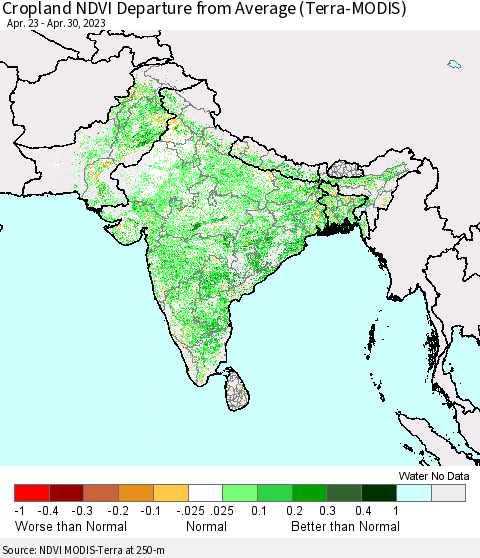 Southern Asia Cropland NDVI Departure from Average (Terra-MODIS) Thematic Map For 4/21/2023 - 4/30/2023