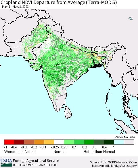 Southern Asia Cropland NDVI Departure from Average (Terra-MODIS) Thematic Map For 5/1/2023 - 5/10/2023