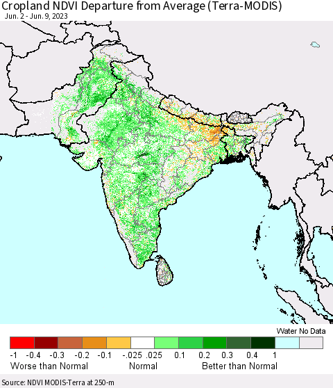 Southern Asia Cropland NDVI Departure from Average (Terra-MODIS) Thematic Map For 6/2/2023 - 6/9/2023
