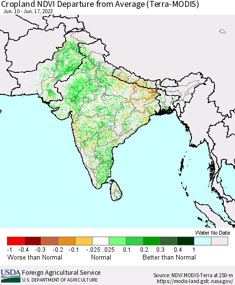 Southern Asia Cropland NDVI Departure from Average (Terra-MODIS) Thematic Map For 6/11/2023 - 6/20/2023
