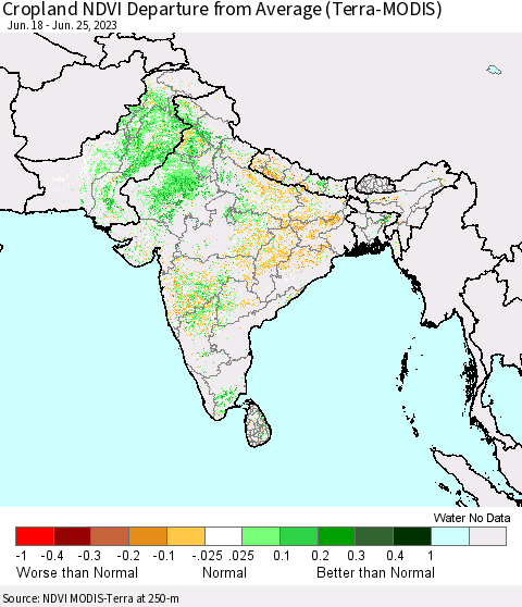 Southern Asia Cropland NDVI Departure from Average (Terra-MODIS) Thematic Map For 6/18/2023 - 6/25/2023