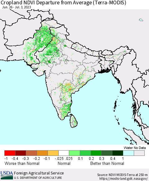 Southern Asia Cropland NDVI Departure from Average (Terra-MODIS) Thematic Map For 7/1/2023 - 7/10/2023