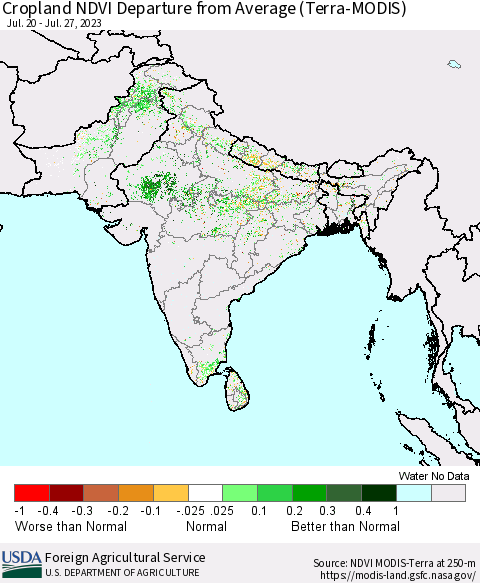 Southern Asia Cropland NDVI Departure from Average (Terra-MODIS) Thematic Map For 7/21/2023 - 7/31/2023