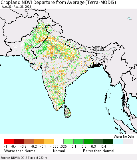 Southern Asia Cropland NDVI Departure from Average (Terra-MODIS) Thematic Map For 8/21/2023 - 8/28/2023