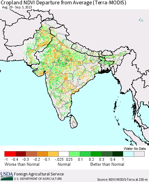 Southern Asia Cropland NDVI Departure from Average (Terra-MODIS) Thematic Map For 9/1/2023 - 9/10/2023