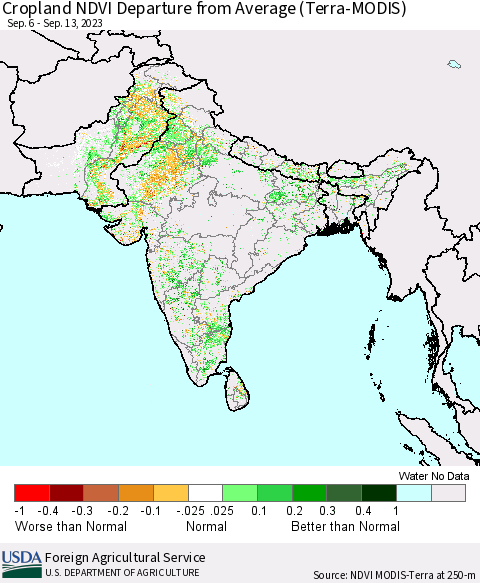 Southern Asia Cropland NDVI Departure from Average (Terra-MODIS) Thematic Map For 9/11/2023 - 9/20/2023