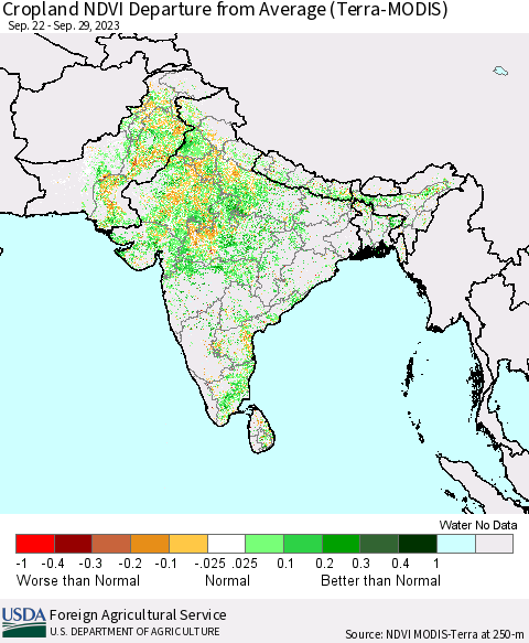Southern Asia Cropland NDVI Departure from Average (Terra-MODIS) Thematic Map For 9/21/2023 - 9/30/2023