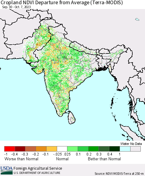 Southern Asia Cropland NDVI Departure from Average (Terra-MODIS) Thematic Map For 10/1/2023 - 10/10/2023