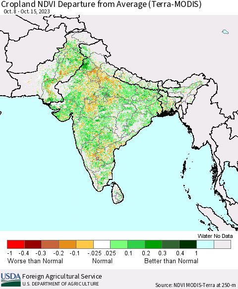 Southern Asia Cropland NDVI Departure from Average (Terra-MODIS) Thematic Map For 10/11/2023 - 10/20/2023