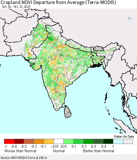 Southern Asia Cropland NDVI Departure from Average (Terra-MODIS) Thematic Map For 10/16/2023 - 10/23/2023