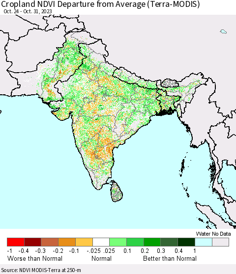 Southern Asia Cropland NDVI Departure from Average (Terra-MODIS) Thematic Map For 10/21/2023 - 10/31/2023