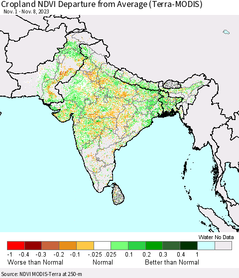 Southern Asia Cropland NDVI Departure from Average (Terra-MODIS) Thematic Map For 11/1/2023 - 11/8/2023