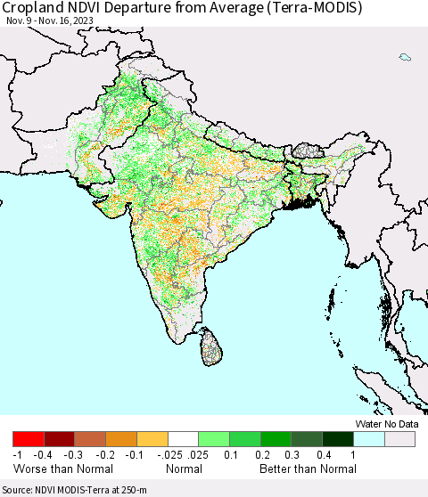 Southern Asia Cropland NDVI Departure from Average (Terra-MODIS) Thematic Map For 11/9/2023 - 11/16/2023