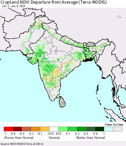 Southern Asia Cropland NDVI Departure from Average (Terra-MODIS) Thematic Map For 1/1/2024 - 1/8/2024