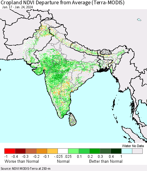 Southern Asia Cropland NDVI Departure from Average (Terra-MODIS) Thematic Map For 1/17/2024 - 1/24/2024