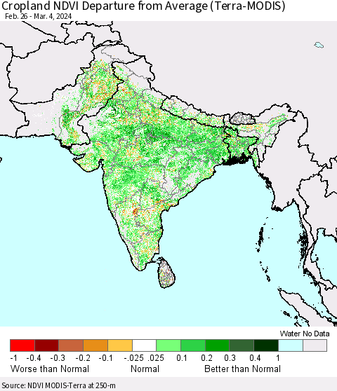 Southern Asia Cropland NDVI Departure from Average (Terra-MODIS) Thematic Map For 2/26/2024 - 3/4/2024