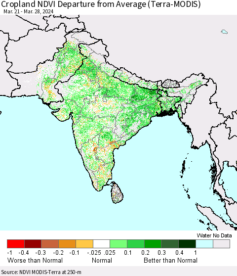 Southern Asia Cropland NDVI Departure from Average (Terra-MODIS) Thematic Map For 3/21/2024 - 3/28/2024