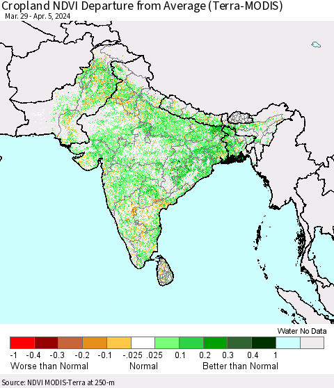 Southern Asia Cropland NDVI Departure from Average (Terra-MODIS) Thematic Map For 3/29/2024 - 4/5/2024