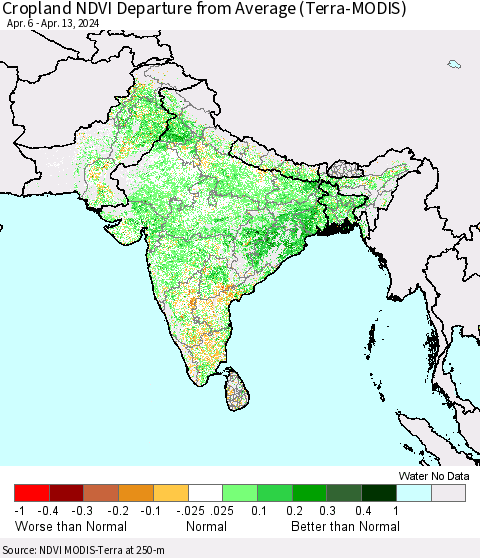 Southern Asia Cropland NDVI Departure from Average (Terra-MODIS) Thematic Map For 4/6/2024 - 4/13/2024