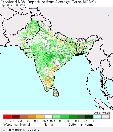 Southern Asia Cropland NDVI Departure from Average (Terra-MODIS) Thematic Map For 4/22/2024 - 4/29/2024