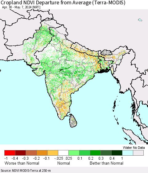 Southern Asia Cropland NDVI Departure from Average (Terra-MODIS) Thematic Map For 4/30/2024 - 5/7/2024