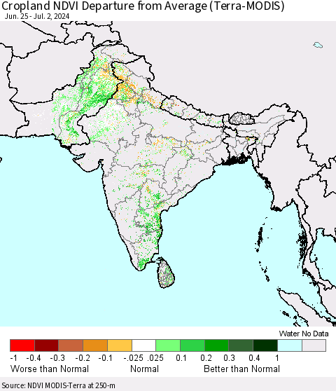 Southern Asia Cropland NDVI Departure from Average (Terra-MODIS) Thematic Map For 6/25/2024 - 7/2/2024