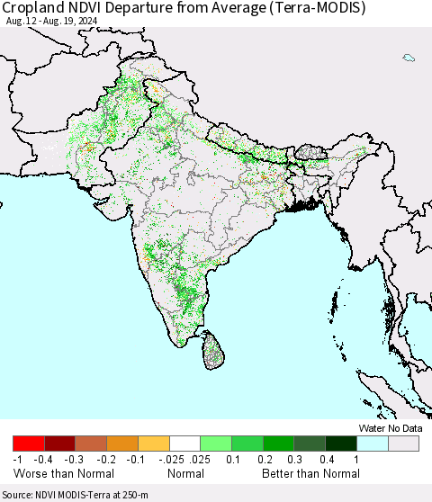 Southern Asia Cropland NDVI Departure from Average (Terra-MODIS) Thematic Map For 8/12/2024 - 8/19/2024