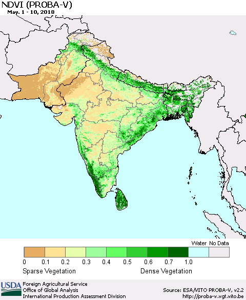 Southern Asia NDVI (PROBA-V) Thematic Map For 5/1/2018 - 5/10/2018