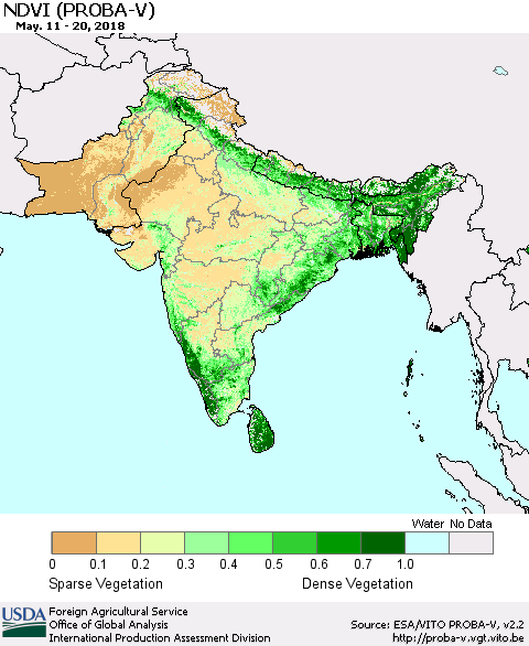 Southern Asia NDVI (PROBA-V) Thematic Map For 5/11/2018 - 5/20/2018