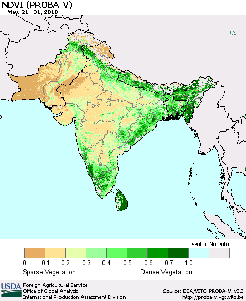Southern Asia NDVI (PROBA-V) Thematic Map For 5/21/2018 - 5/31/2018